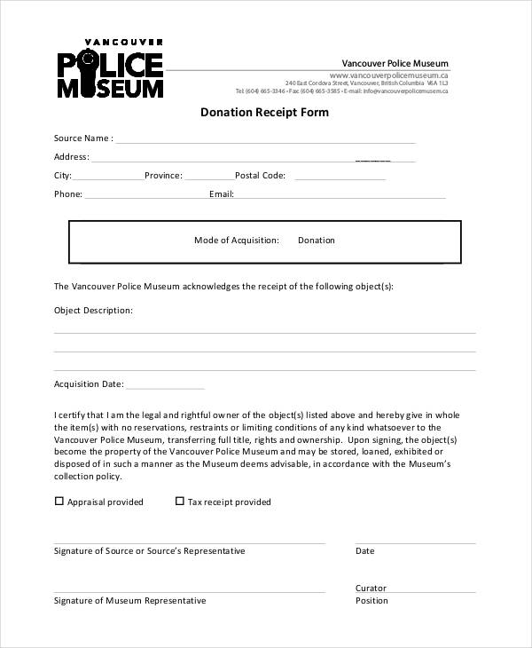 sample donation receipt form