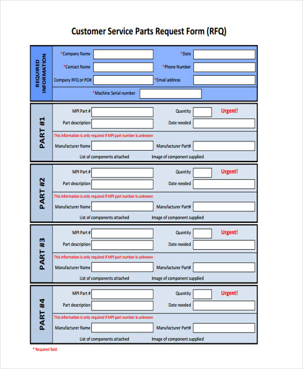 customer service parts request