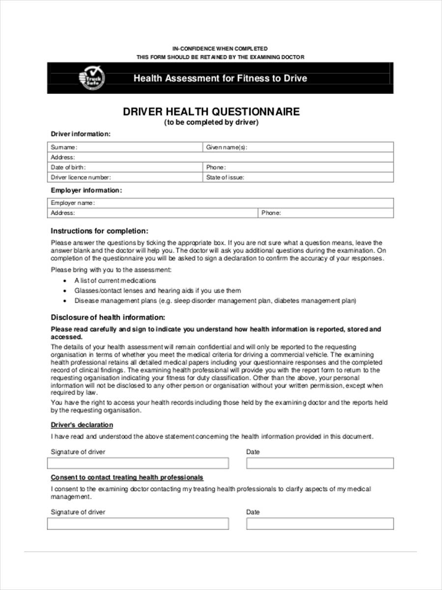 driver health questionnaire form