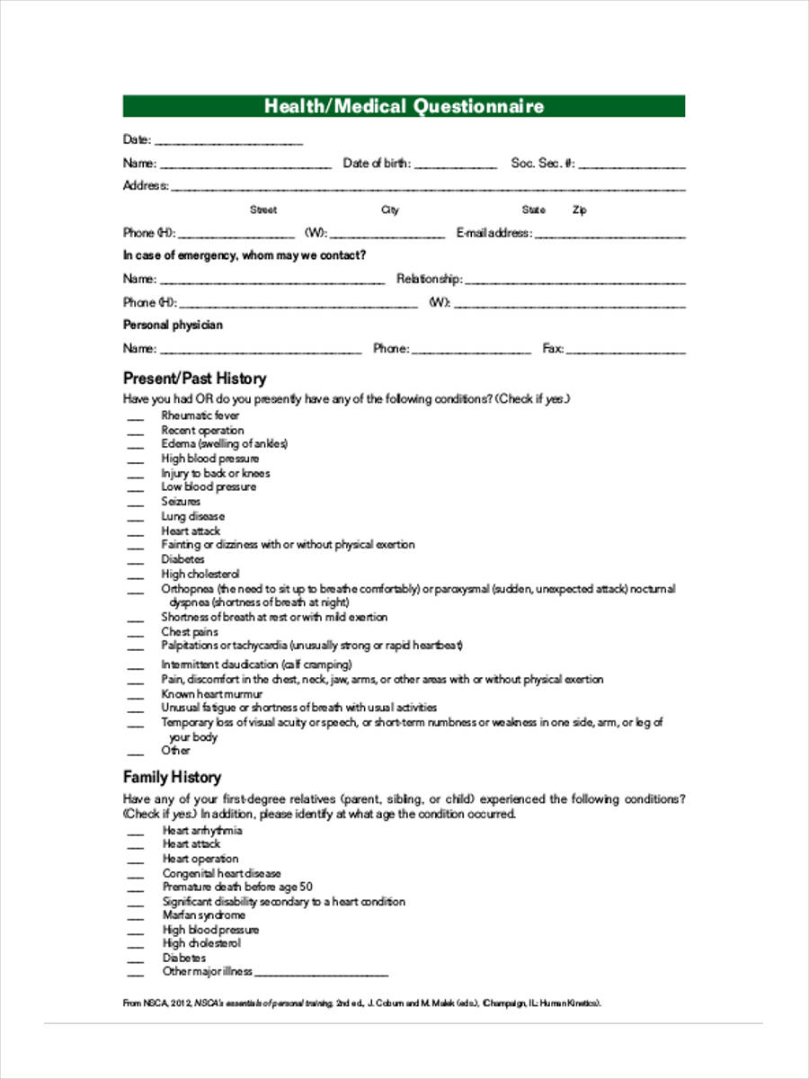 health medical questionnaire