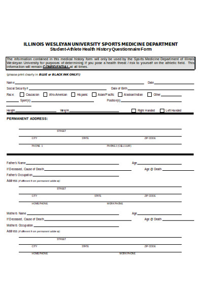 player health questionnaire form