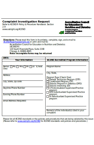 simple complaint investigation form