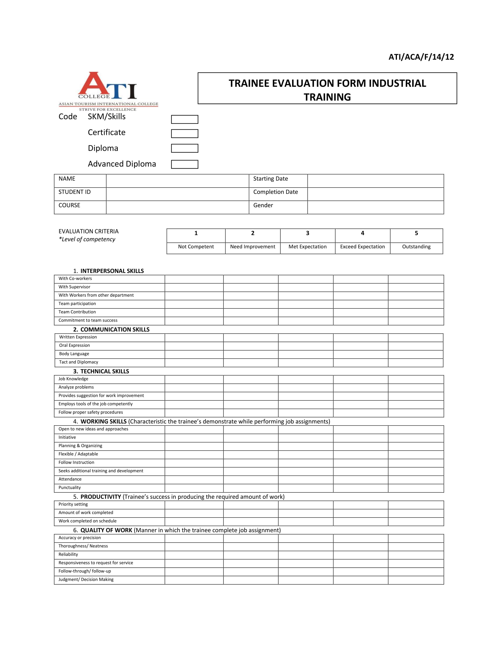 industrial college trainee evaluation form 1
