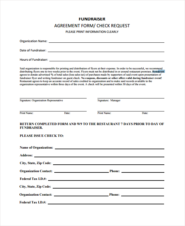 restaurant fundraiser agreement form