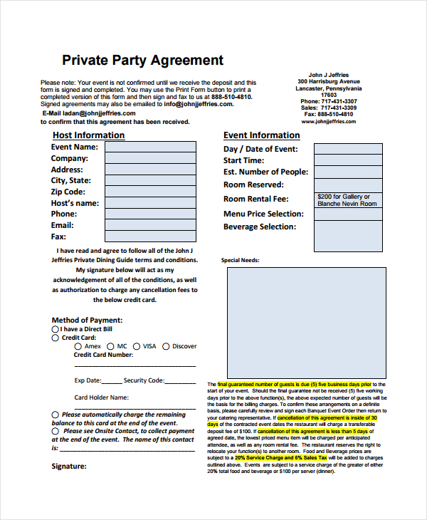 restaurant private party agreement form