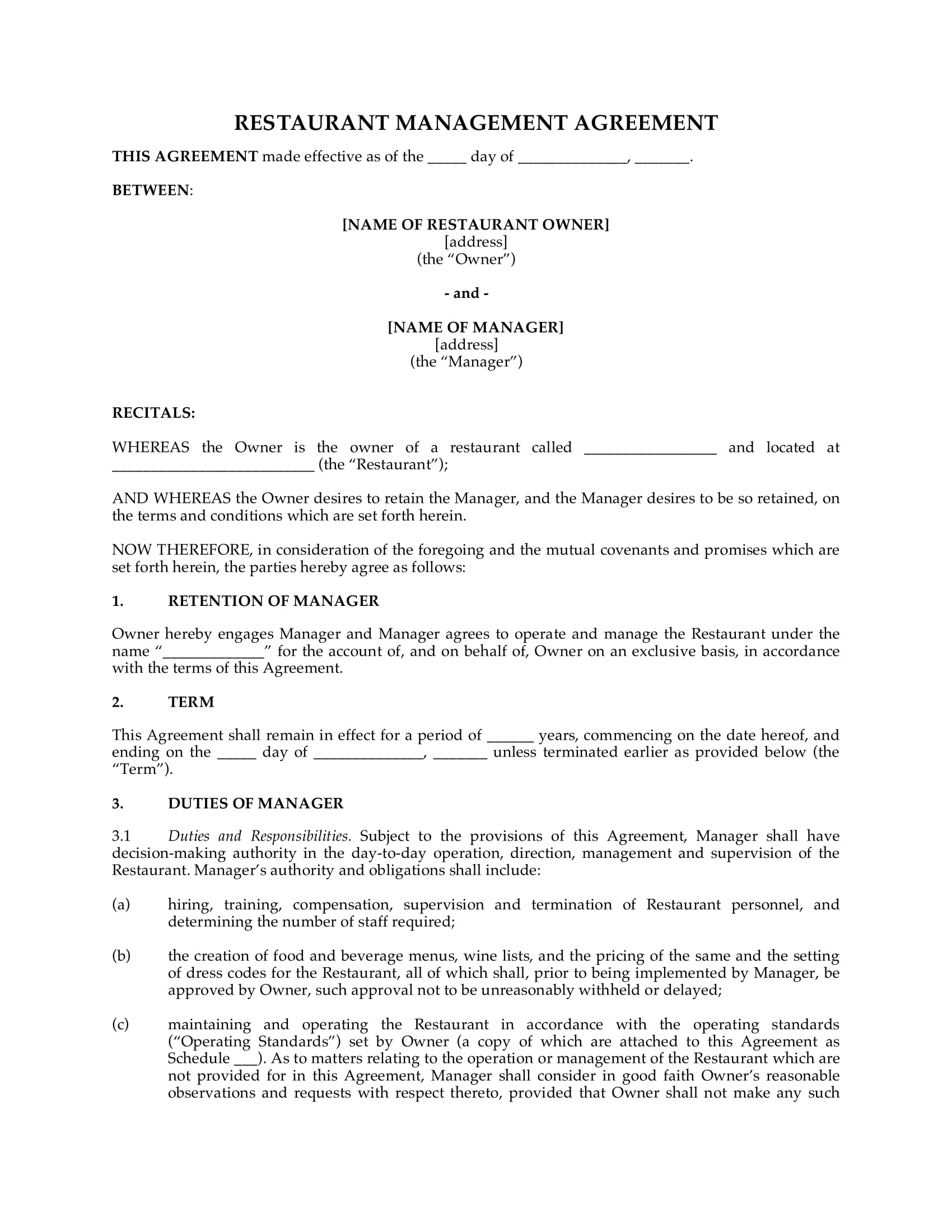 business restaurant agreement form 2