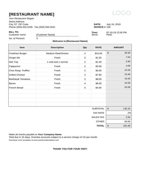 restaurant receipt form template in xls