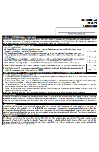 conditional receipt agreement form
