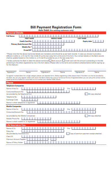 bill payment registration form