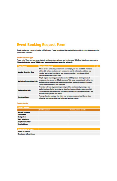 event booking request form template