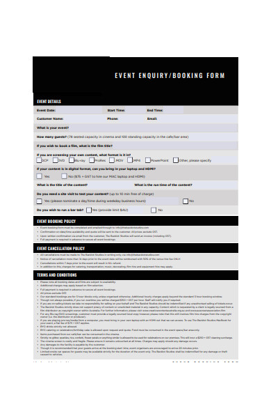 events enquiry and booking form
