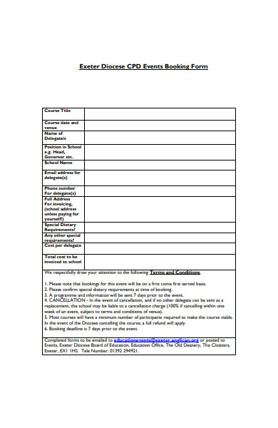 formal event booking form sample