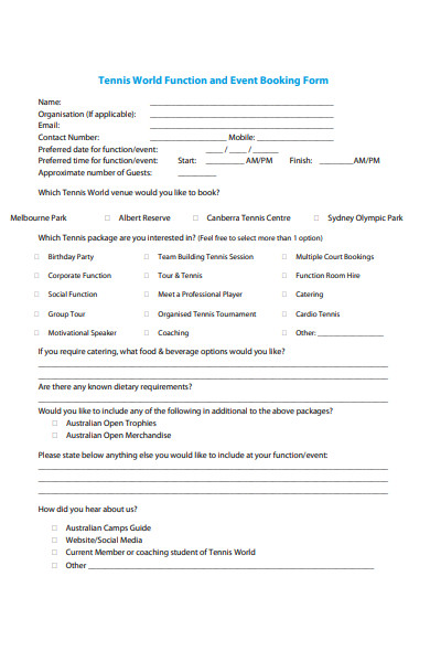 function and event booking form