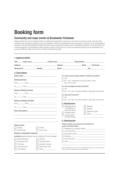 major events booking form