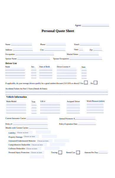 personal quote sheet form