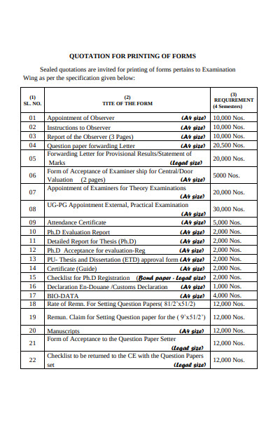 quotation for printing of forms