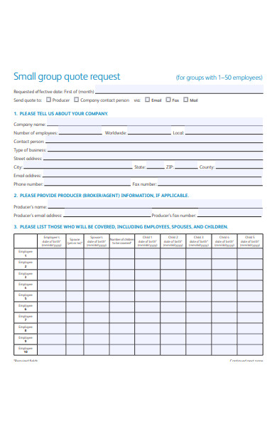 small group quote request form