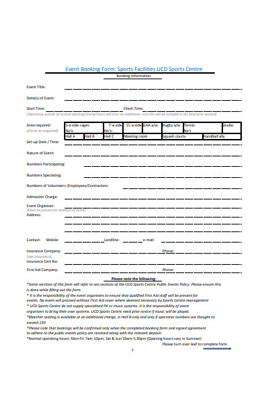 sports event booking form