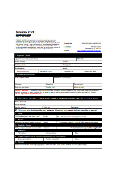 temporary event booking form