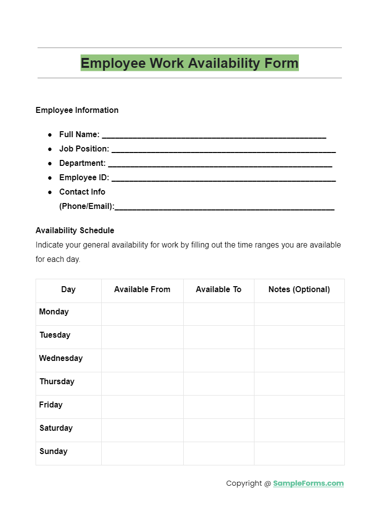 employee work availability form