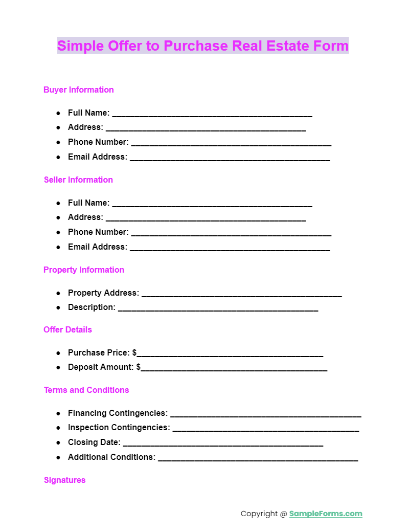 simple offer to purchase real estate form