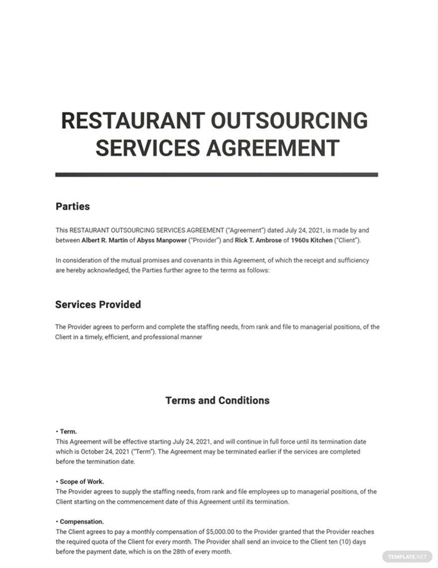 Restaurant Outsourcing Services Agreement Template in Word, Google Docs, Pages - Download | Template.net Restaurant Outsourcing Services Agreement Template in Word, Google Docs, Pages - Download | Template.net