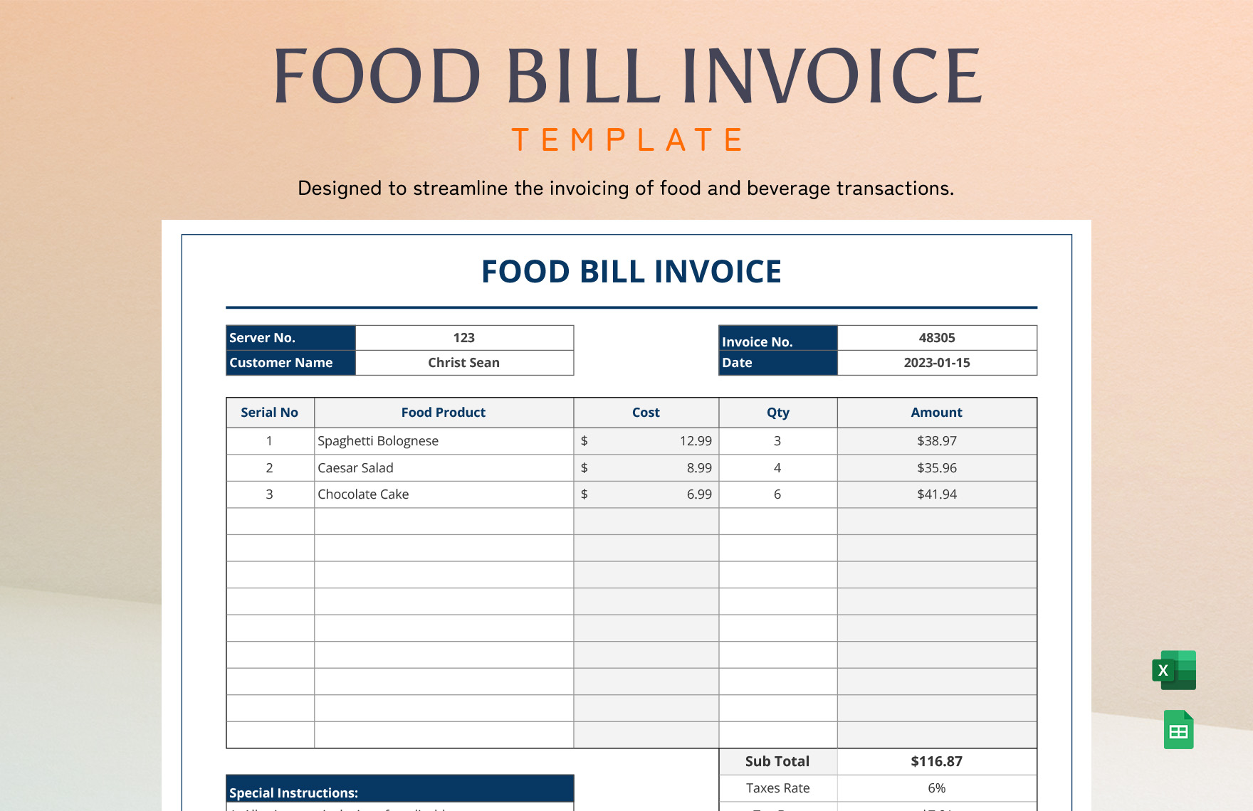 Food Bill Invoice Template in Google Docs, Word, Pages, Apple Numbers, Excel, Google Sheets, PDF - Download | Template.net Food Bill Invoice Template in Google Docs, Word, Pages, Apple Numbers, Excel, Google Sheets, PDF - Download | Template.net