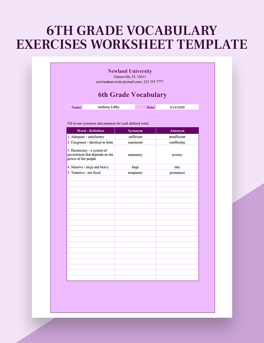 6th Grade Vocabulary Exercises Worksheet Template 6th Grade Vocabulary Exercises Worksheet Template