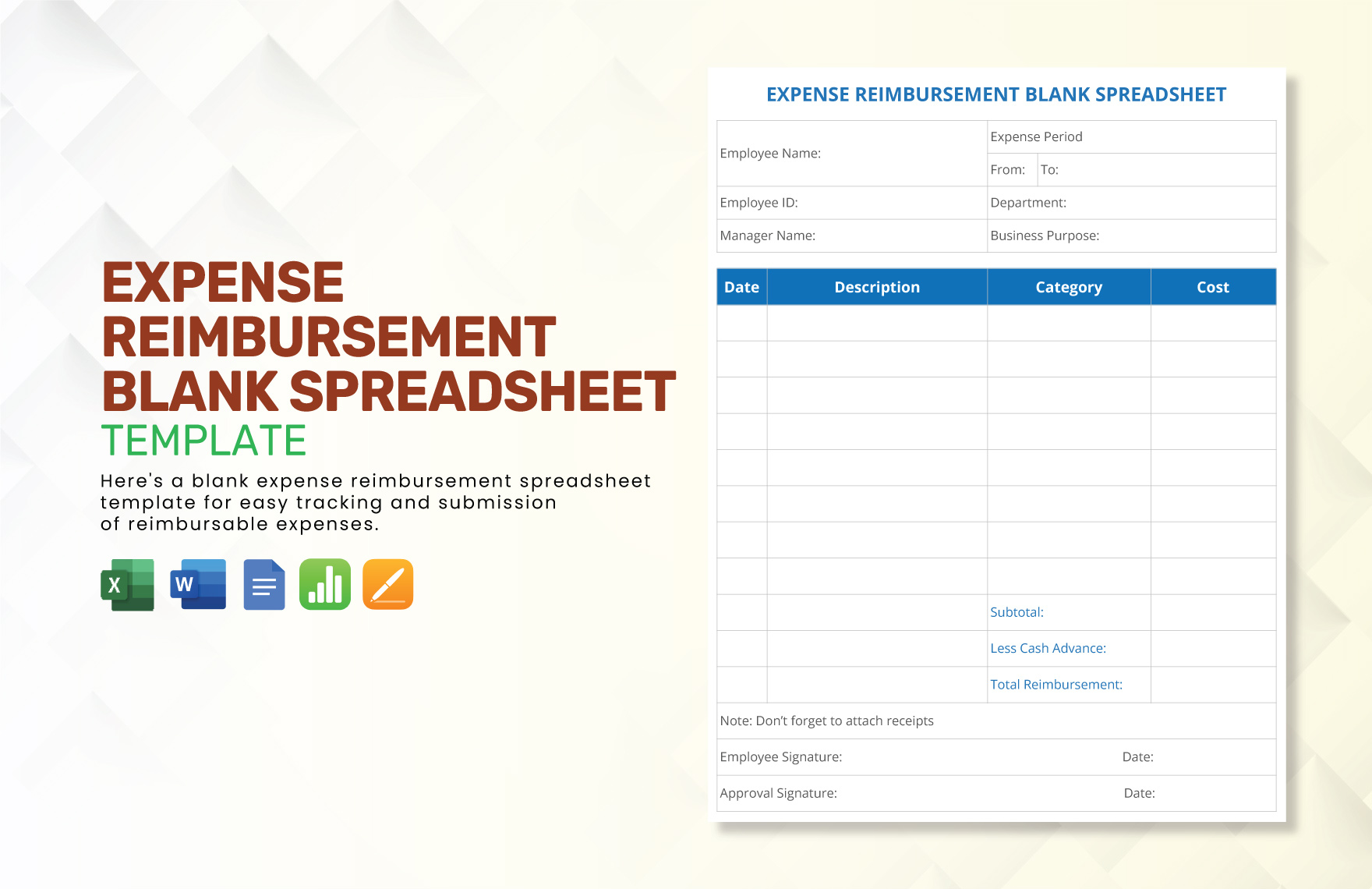 Expense Reimbursement Blank Spreadsheet Template in Excel, Word, Apple Pages, Apple Numbers, Google Docs - Download | Template.net Expense Reimbursement Blank Spreadsheet Template in Excel, Word, Apple Pages, Apple Numbers, Google Docs - Download | Template.net