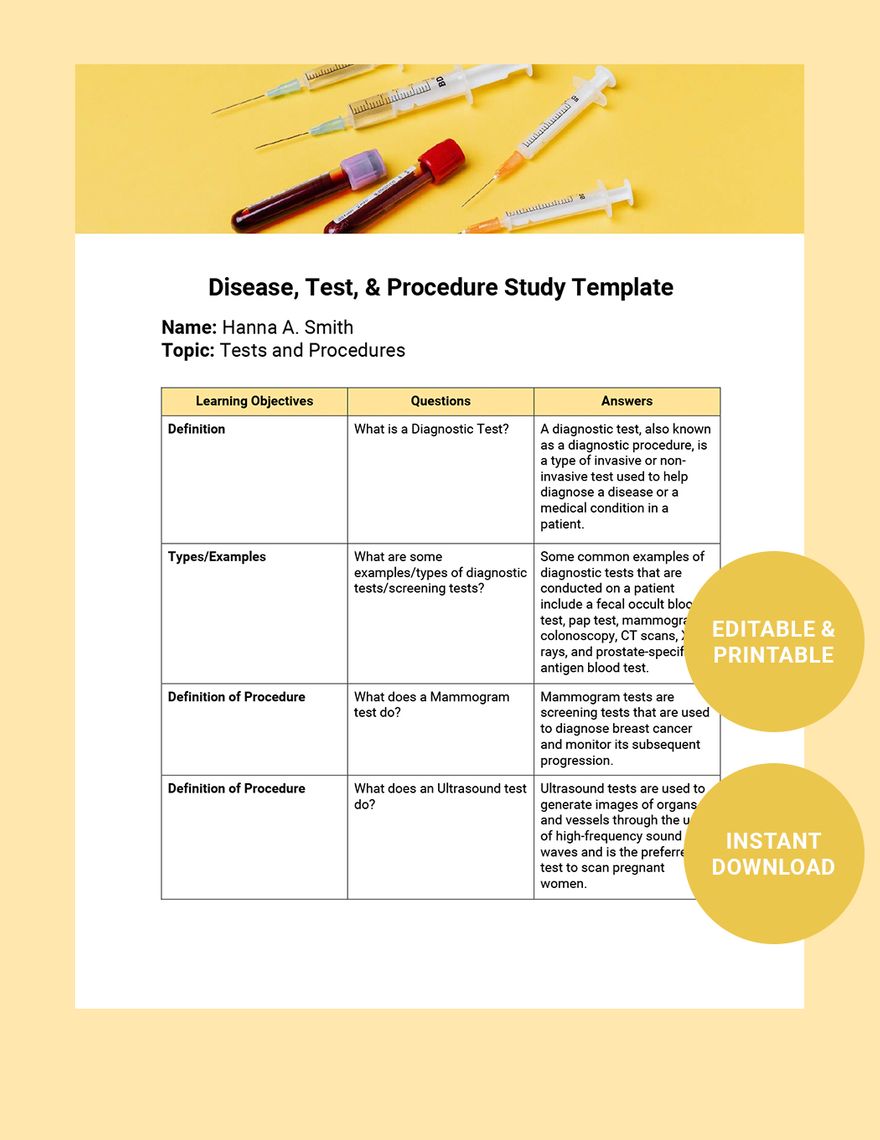 Disease, Test & Procedure Study Template Disease, Test & Procedure Study Template