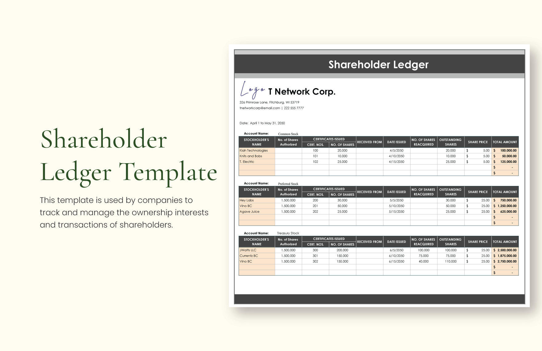 Shareholder Ledger Template Shareholder Ledger Template