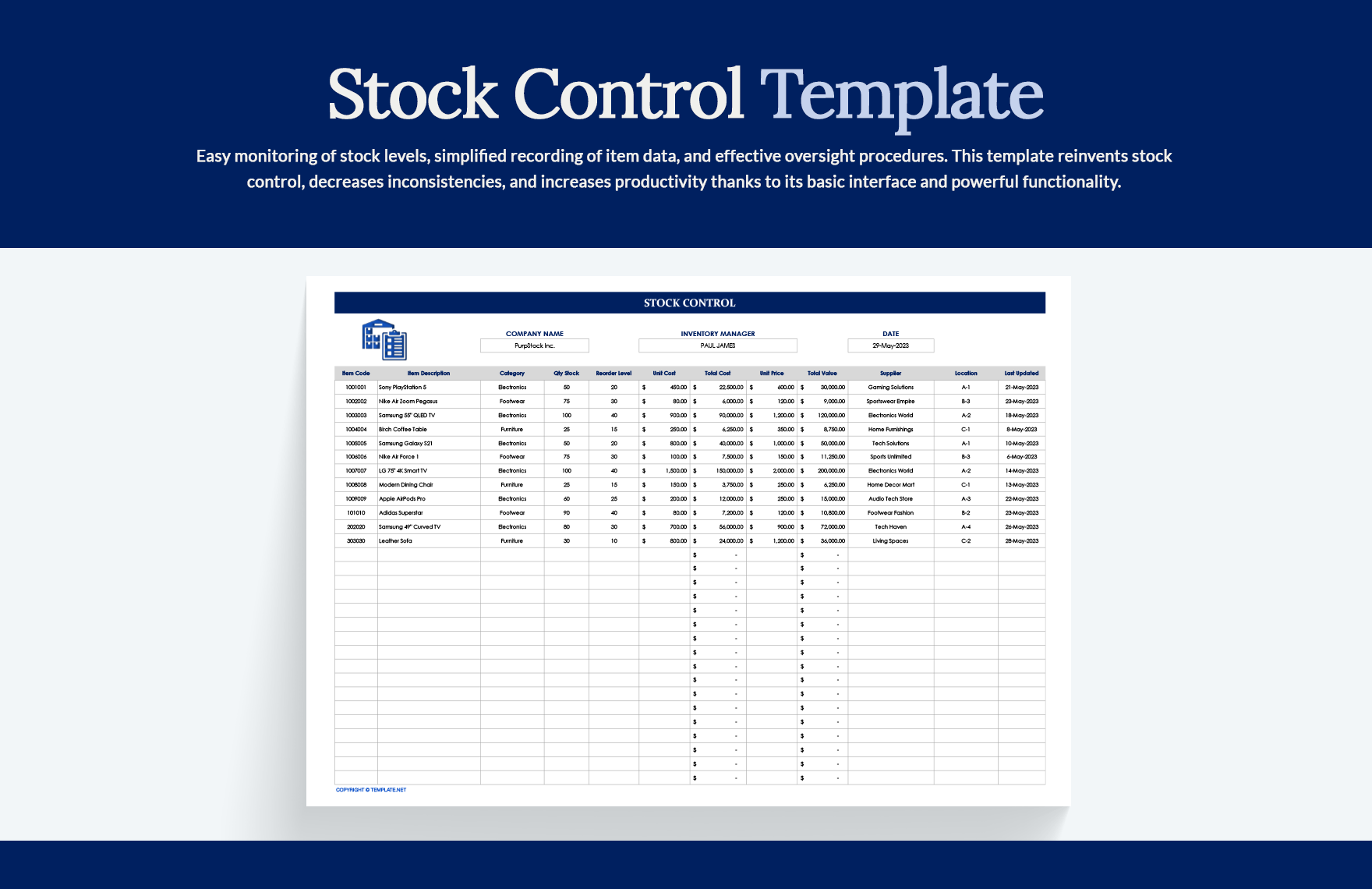 Stock Control Template Stock Control Template