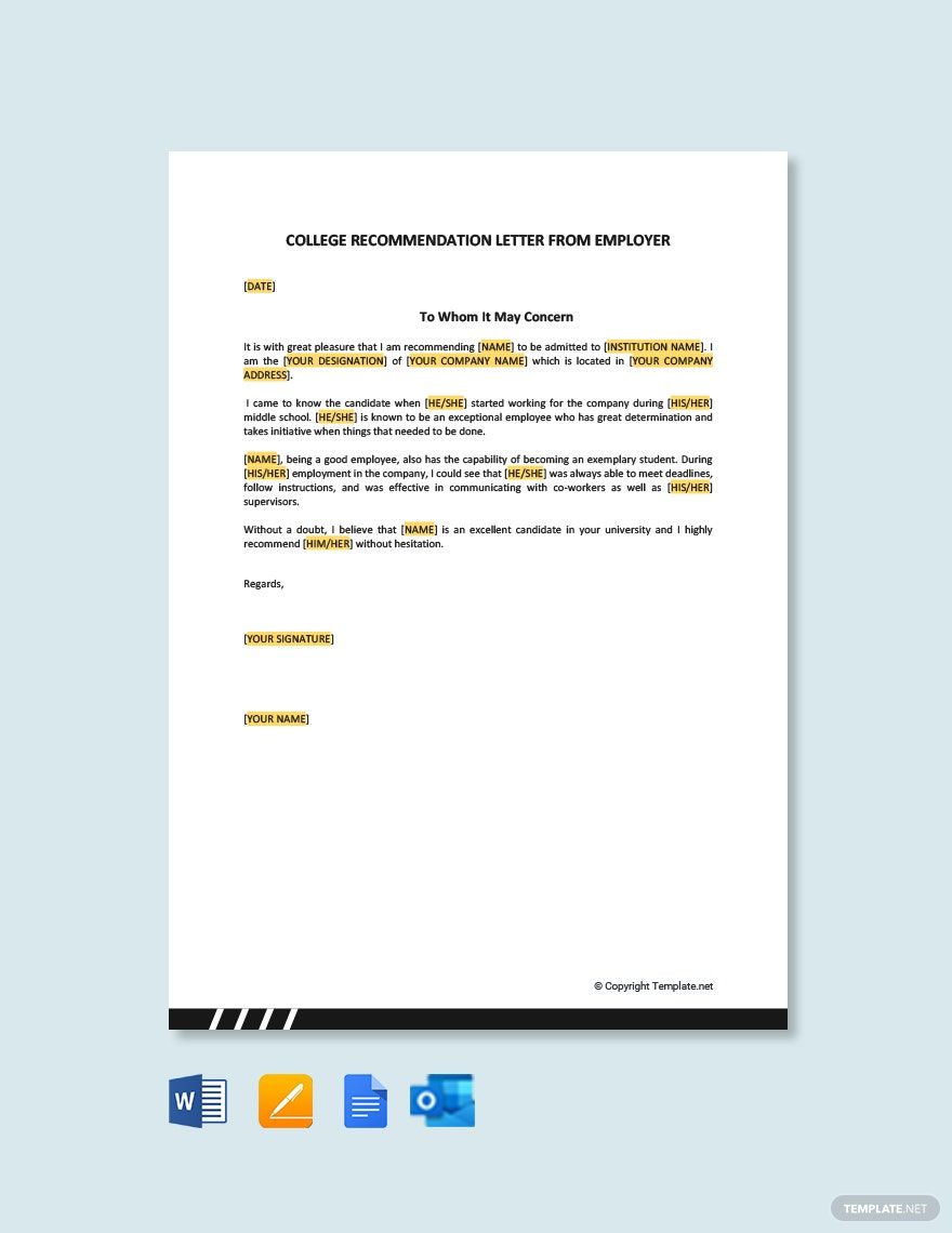 College Recommendation Letter from Employer in Pages, Word, Google Docs, PDF - Download | Template.net College Recommendation Letter from Employer in Pages, Word, Google Docs, PDF - Download | Template.net