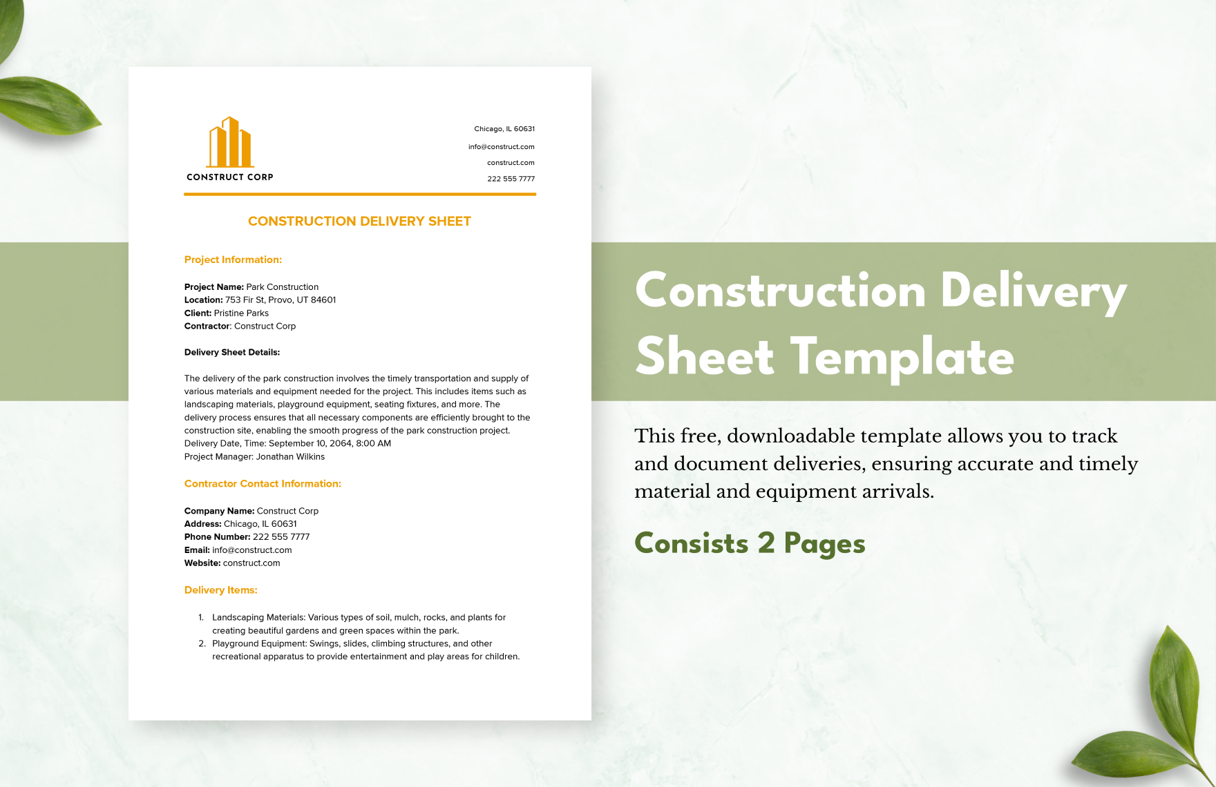 Construction Delivery Sheet Template Construction Delivery Sheet Template