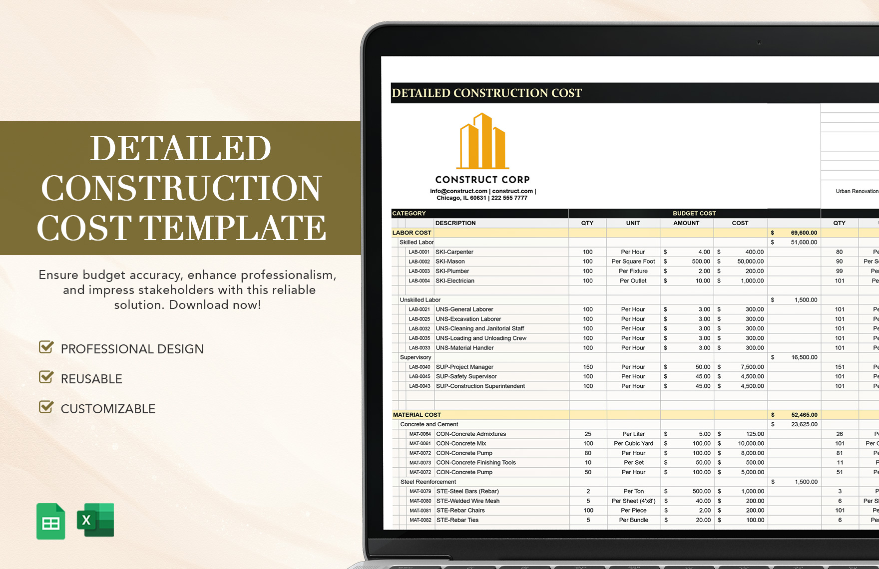 Detailed Construction Cost Template Detailed Construction Cost Template