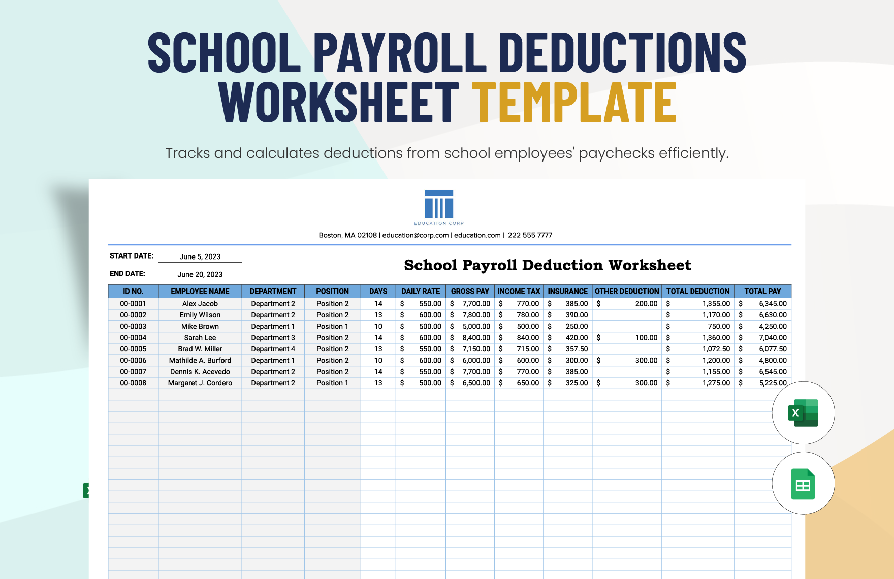 School Payroll Deductions Worksheet Template in Google Sheets, Excel - Download | Template.net School Payroll Deductions Worksheet Template in Google Sheets, Excel - Download | Template.net