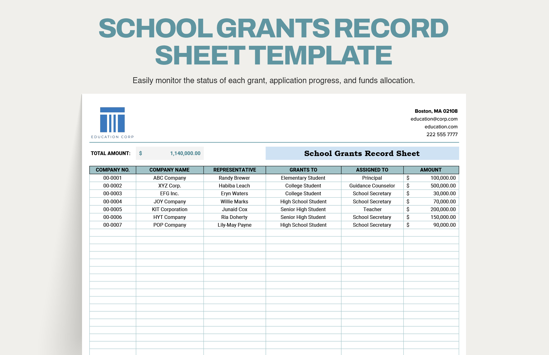 School Grants Record Sheet Template School Grants Record Sheet Template