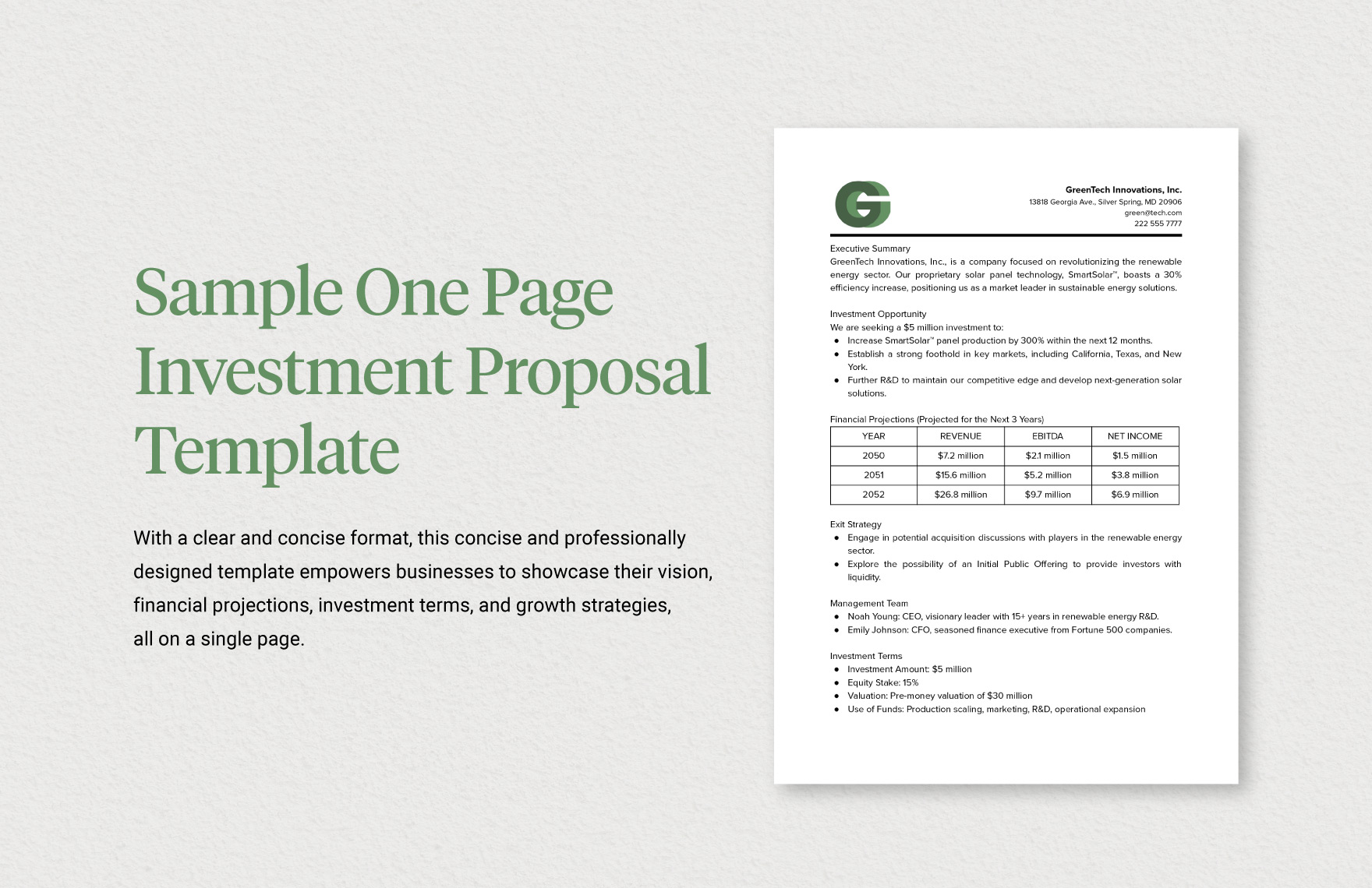 Sample One Page Investment Proposal Template Sample One Page Investment Proposal Template