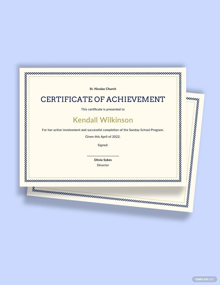 Sunday School Achievement Certificate Template in InDesign, Illustrator, PSD, Publisher, Word, Pages, Google Docs - Download | Template.net Sunday School Achievement Certificate Template in InDesign, Illustrator, PSD, Publisher, Word, Pages, Google Docs - Download | Template.net