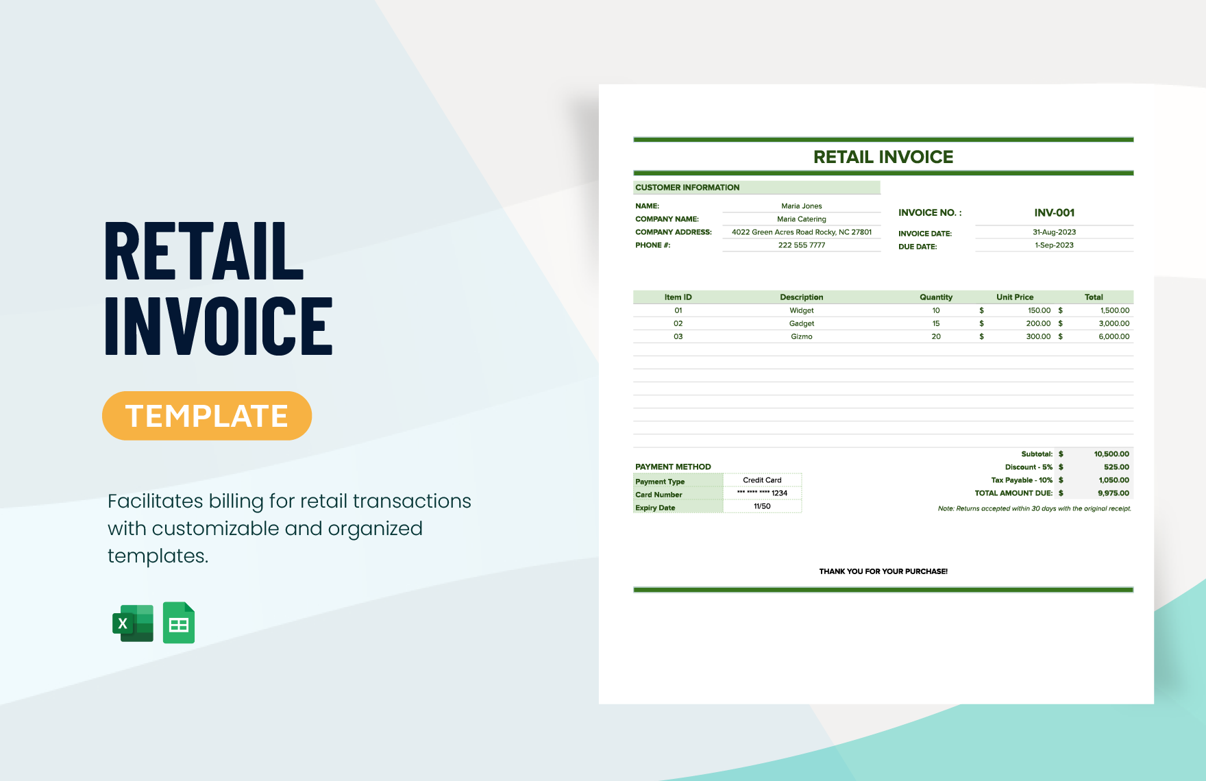 Retail Invoice Template in Excel, Google Sheets - Download | Template.net Retail Invoice Template in Excel, Google Sheets - Download | Template.net