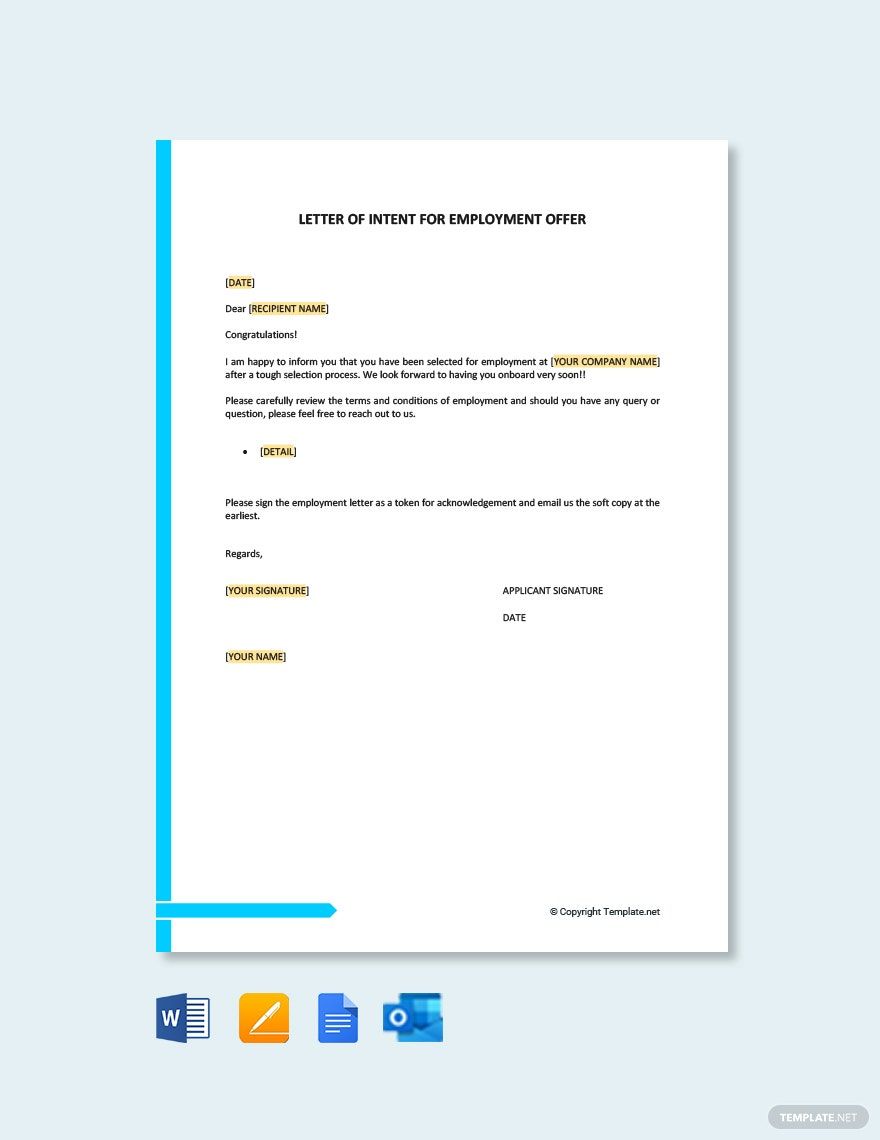 Letter of Intent for Employment Offer in Google Docs, Pages, Word, Outlook, PDF - Download | Template.net Letter of Intent for Employment Offer in Google Docs, Pages, Word, Outlook, PDF - Download | Template.net
