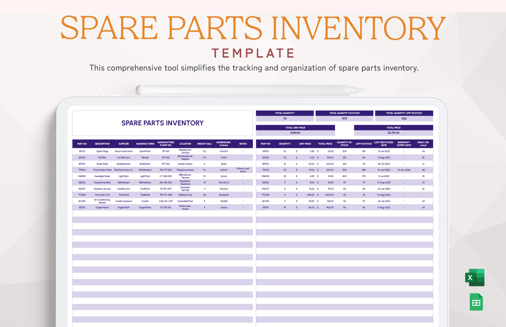 Spare Parts Inventory Template Spare Parts Inventory Template