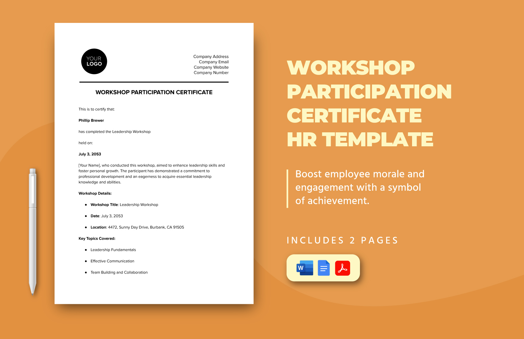 Workshop Participation Certificate HR Template in PDF, Word, Google Docs - Download | Template.net Workshop Participation Certificate HR Template in PDF, Word, Google Docs - Download | Template.net