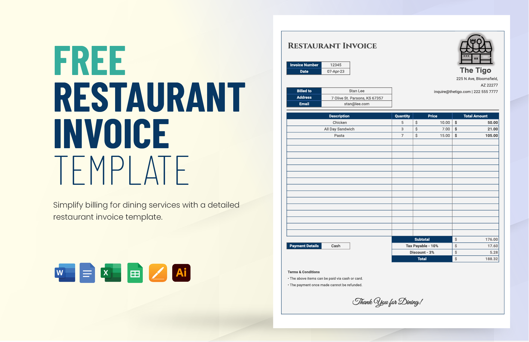 Restaurant Invoice Template in Google Docs, Word, Illustrator, Pages, Excel, Google Sheets - Download | Template.net Restaurant Invoice Template in Google Docs, Word, Illustrator, Pages, Excel, Google Sheets - Download | Template.net