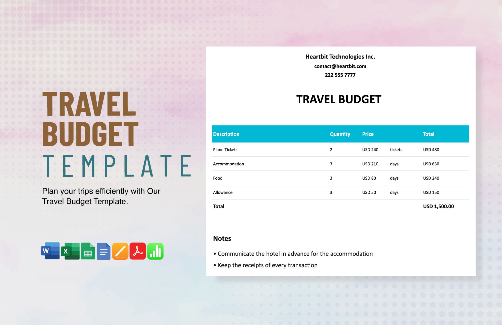 Sample Travel Budget Template in Word, Google Docs, Excel, PDF, Google Sheets, Apple Pages, Apple Numbers Sample Travel Budget Template in Word, Google Docs, Excel, PDF, Google Sheets, Apple Pages, Apple Numbers
