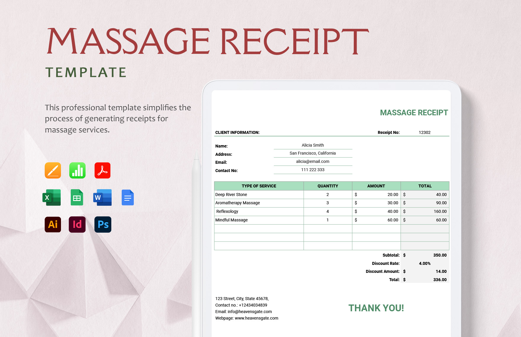 Massage Receipt Template in Google Docs, Apple Pages, Word, InDesign, PSD, Publisher, Illustrator, Excel, Google Sheets, Apple Numbers - Download | Template.net Massage Receipt Template in Google Docs, Apple Pages, Word, InDesign, PSD, Publisher, Illustrator, Excel, Google Sheets, Apple Numbers - Download | Template.net