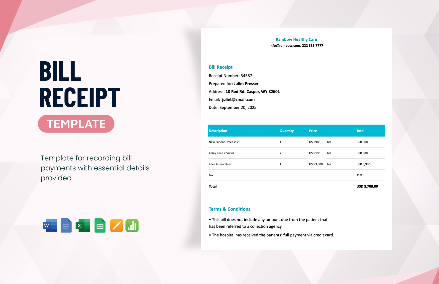 Bill Receipt Template in Google Sheets, Google Docs, Apple Numbers, Apple Pages, Excel, Word - Download | Template.net Bill Receipt Template in Google Sheets, Google Docs, Apple Numbers, Apple Pages, Excel, Word - Download | Template.net