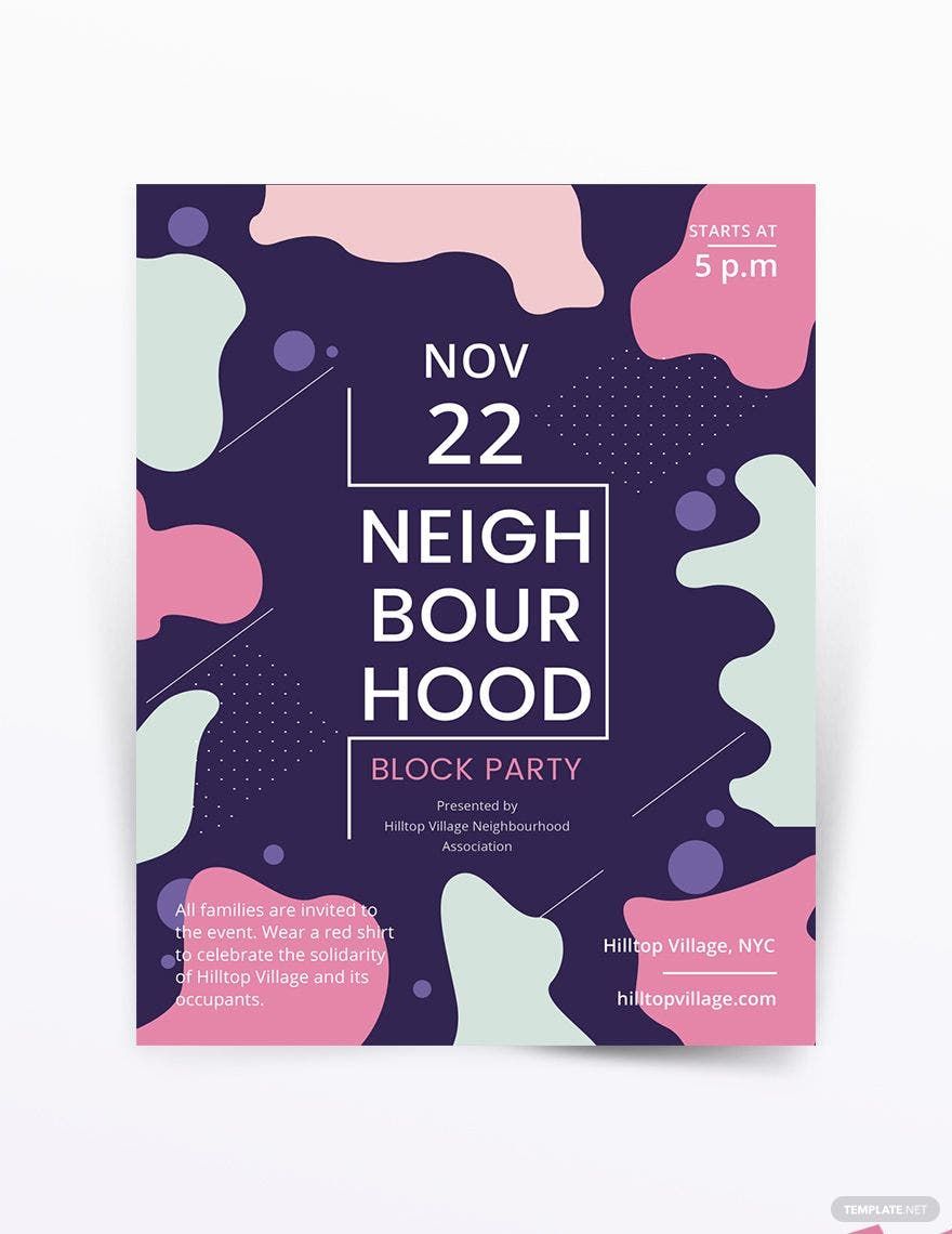 Neighbourhood Block Party Flyer Template in InDesign, Word, Publisher, Pages, Illustrator, PSD, Google Docs - Download | Template.net Neighbourhood Block Party Flyer Template in InDesign, Word, Publisher, Pages, Illustrator, PSD, Google Docs - Download | Template.net