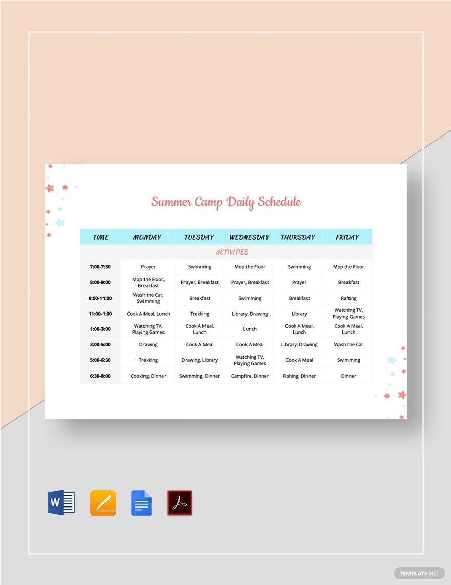 Summer Camp Daily Schedule Template in Word, Pages, Google Docs, PDF - Download | Template.net Summer Camp Daily Schedule Template in Word, Pages, Google Docs, PDF - Download | Template.net