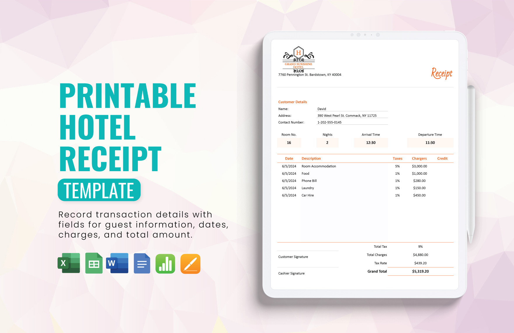 Printable Hotel Receipt Template in Google Docs, Google Sheets, Excel, Word, Apple Pages, Apple Numbers - Download | Template.net Printable Hotel Receipt Template in Google Docs, Google Sheets, Excel, Word, Apple Pages, Apple Numbers - Download | Template.net